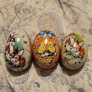 3 Tin Decorative Easter Eggs with Bunny and Chick Designs